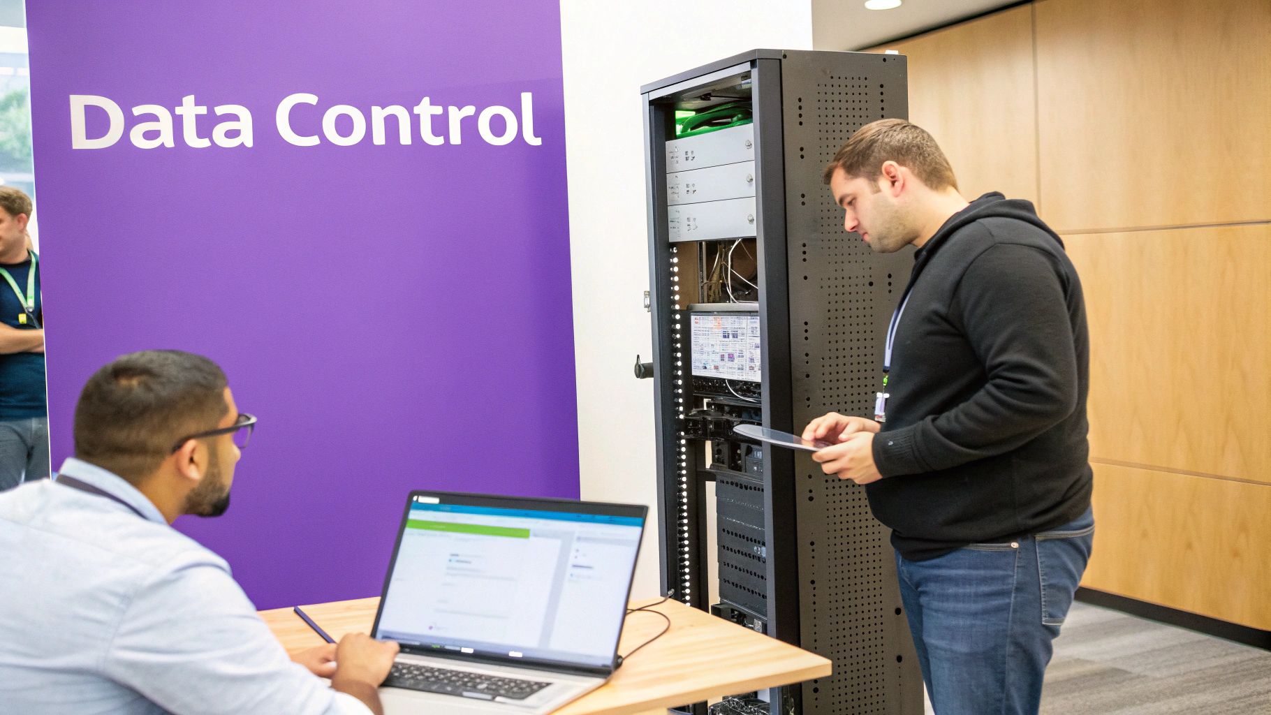 Two IT professionals demonstrating data control with server rack and laptop computer setup
