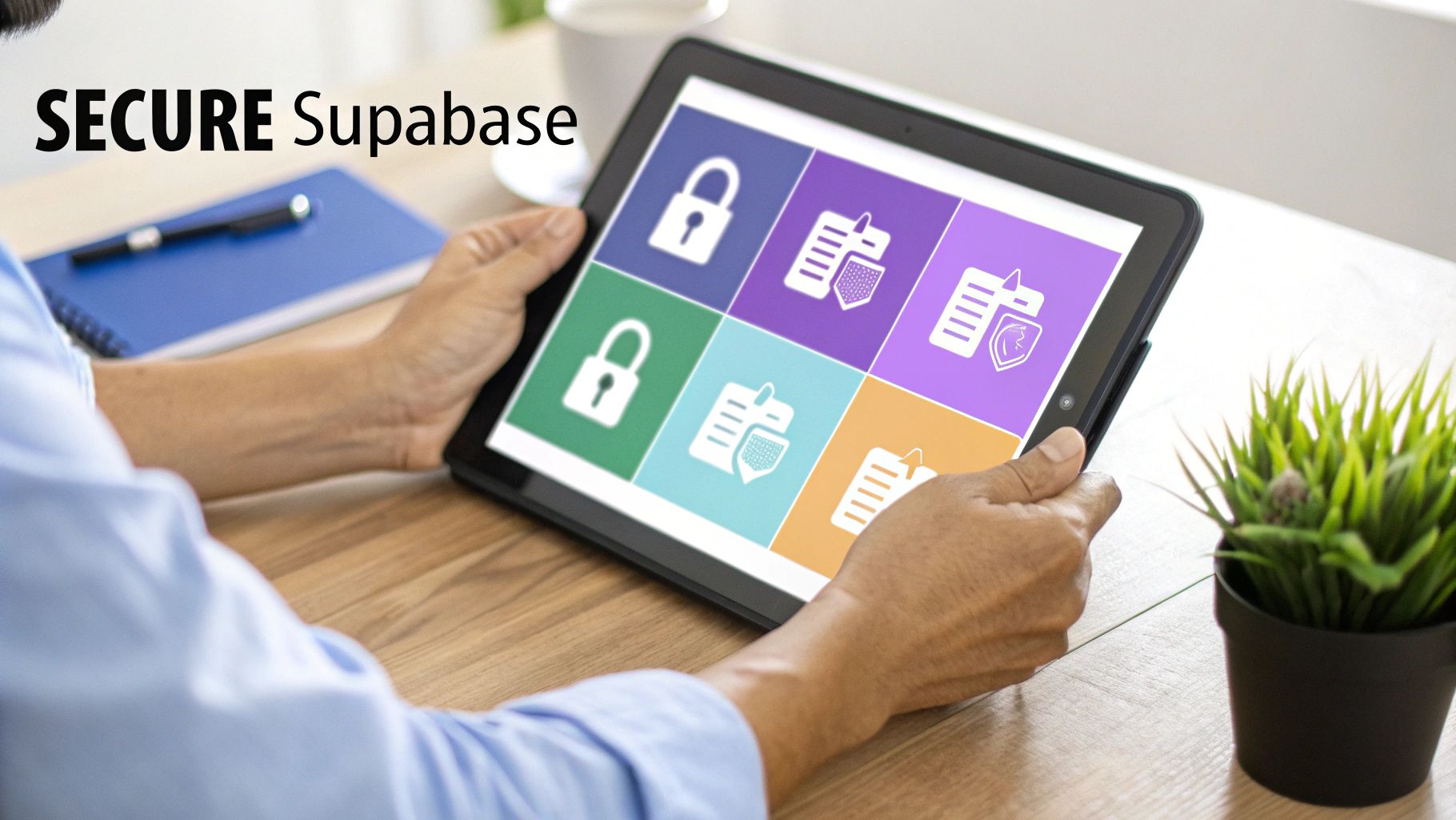 Person using tablet displaying secure Supabase database management interface with colorful security icons and padlock symbols