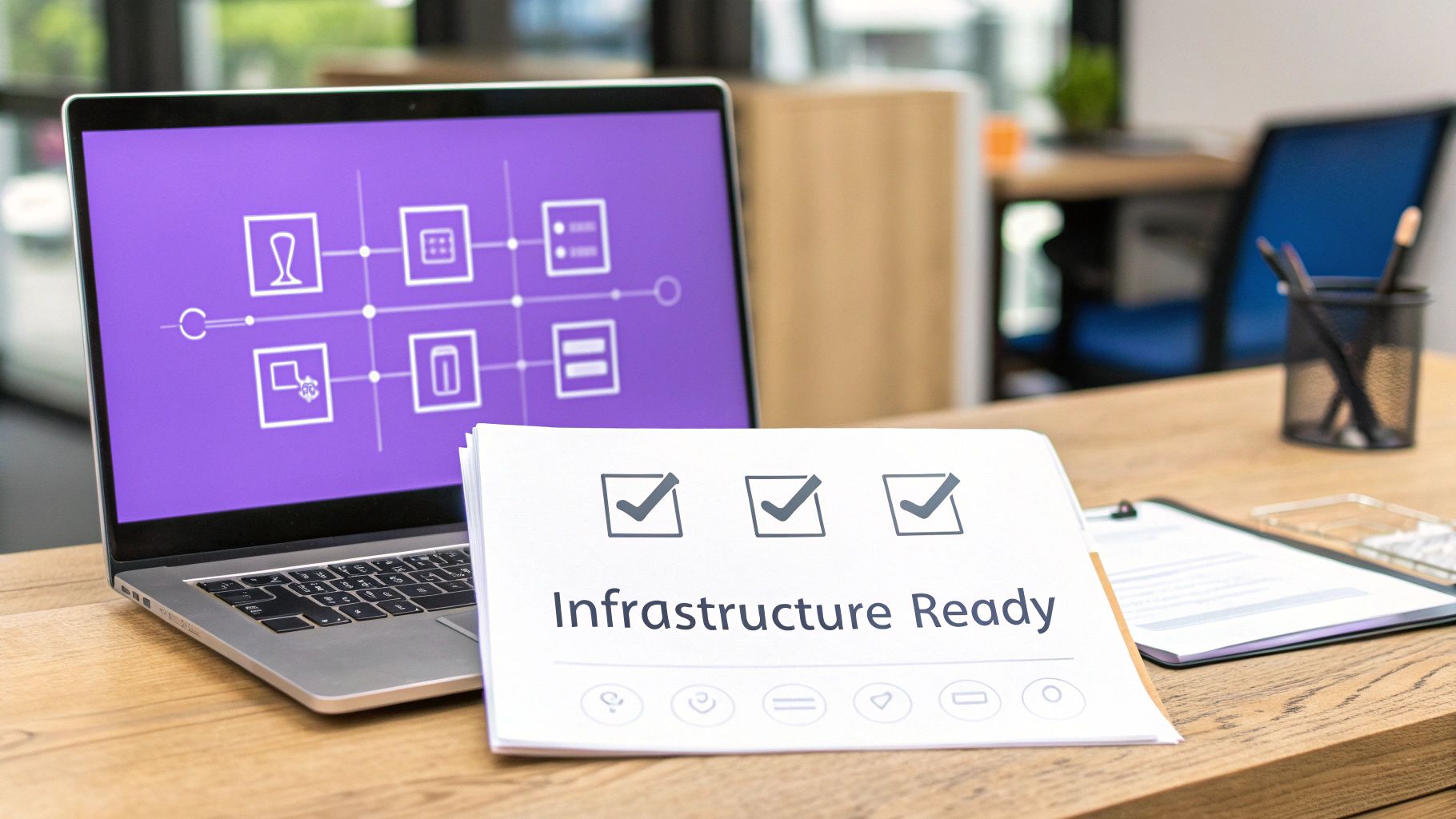 Laptop displaying purple workflow diagram with infrastructure ready checklist card on wooden desk