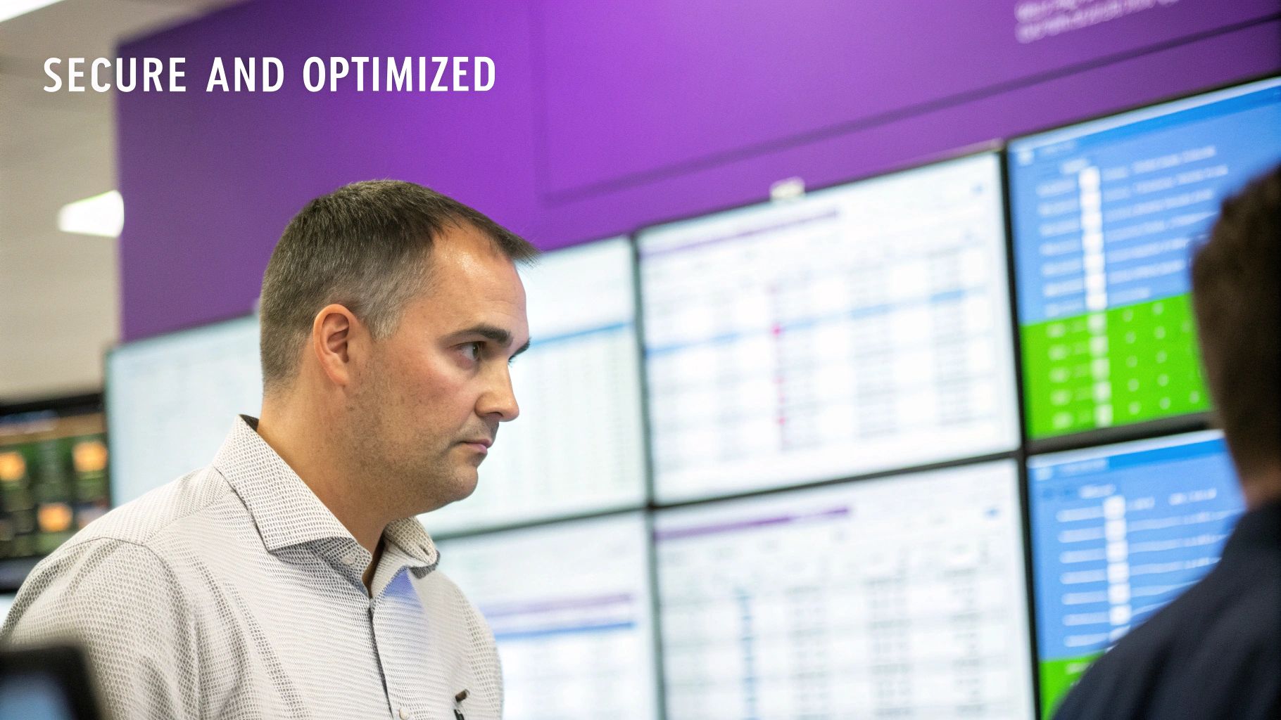 IT professional monitoring secure database systems on multiple screens in modern operations center