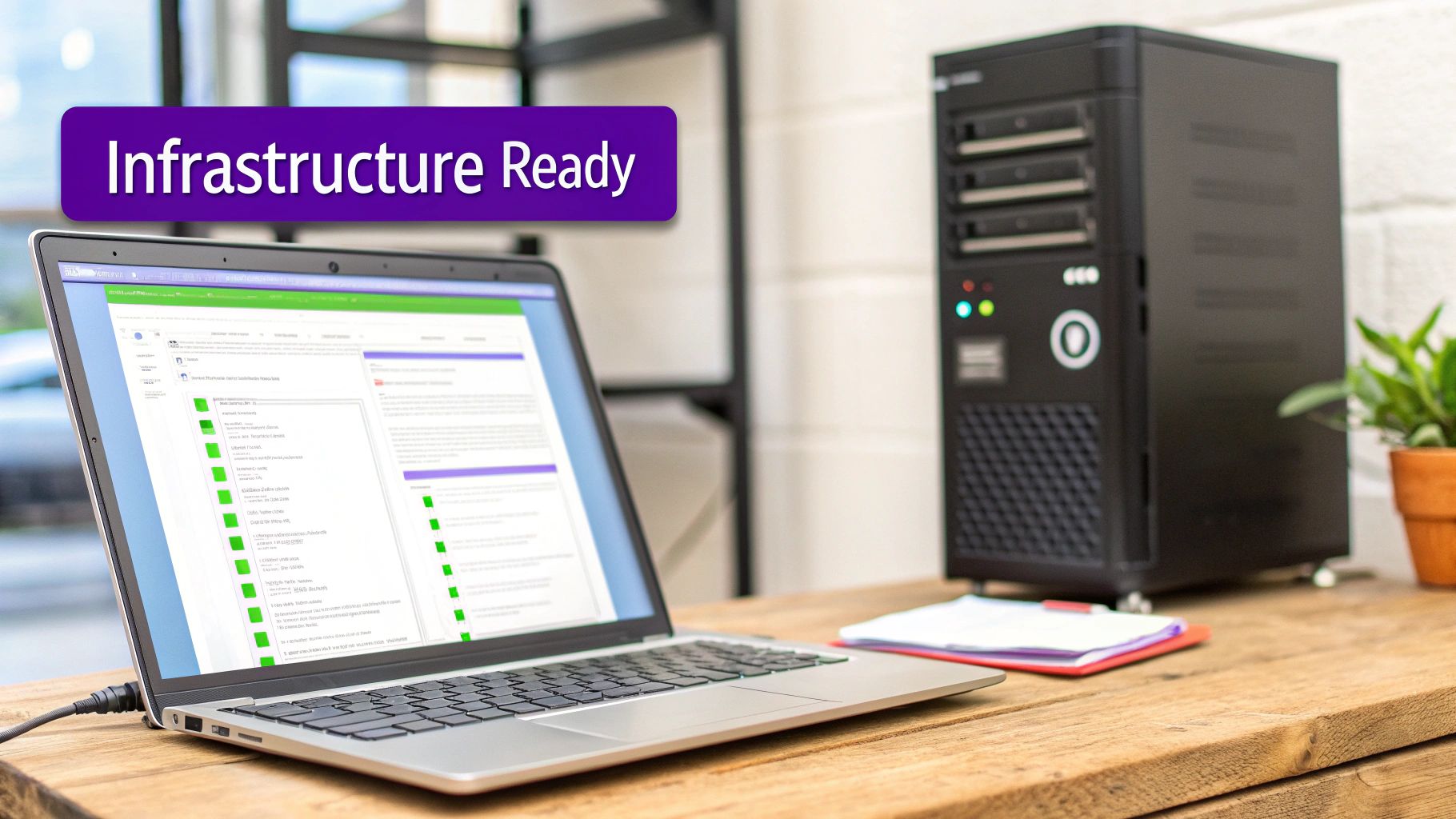 Laptop displaying infrastructure checklist with green checkmarks next to server tower on wooden desk