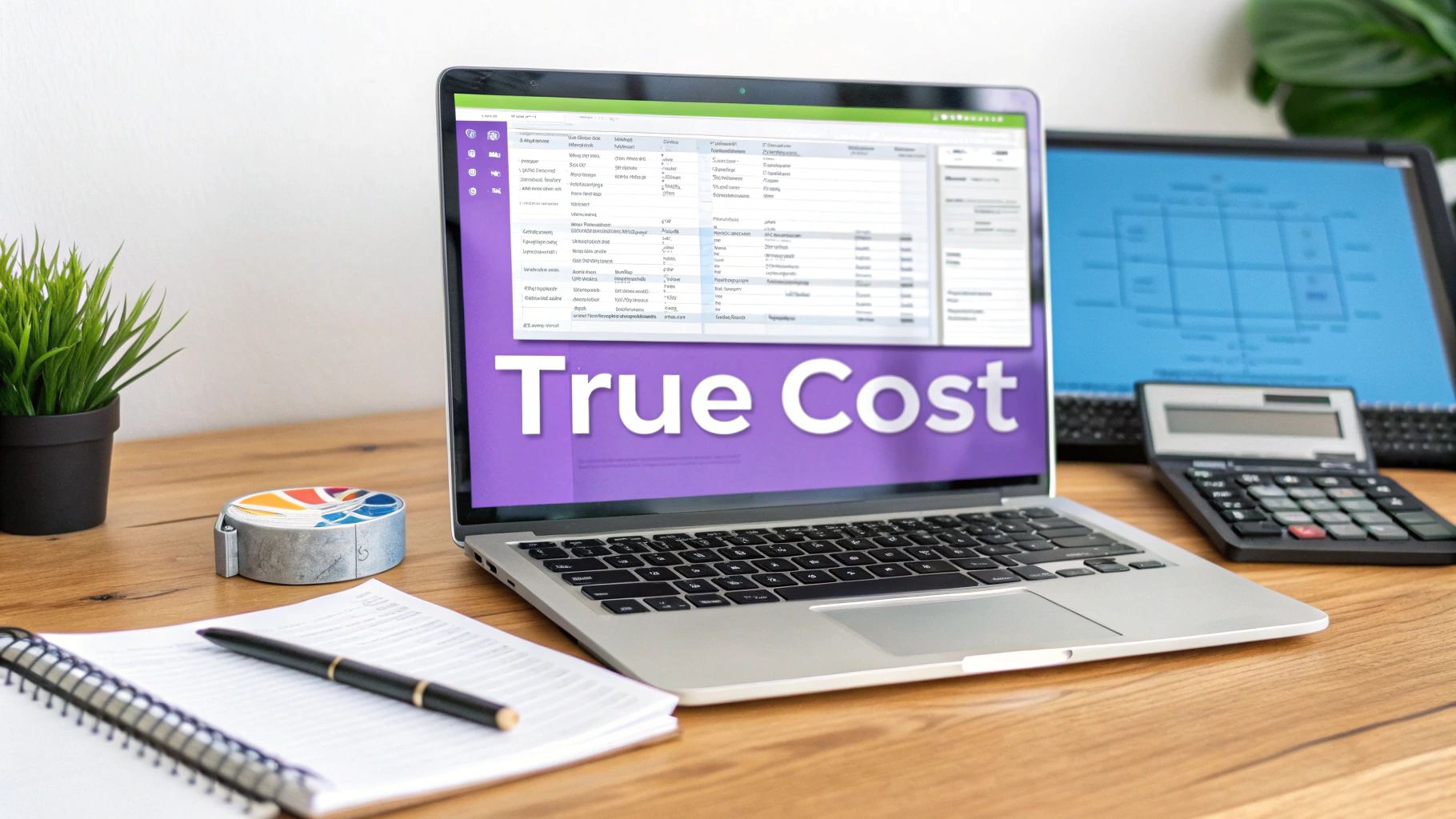 Laptop displaying True Cost spreadsheet application with calculator and notebook on wooden desk
