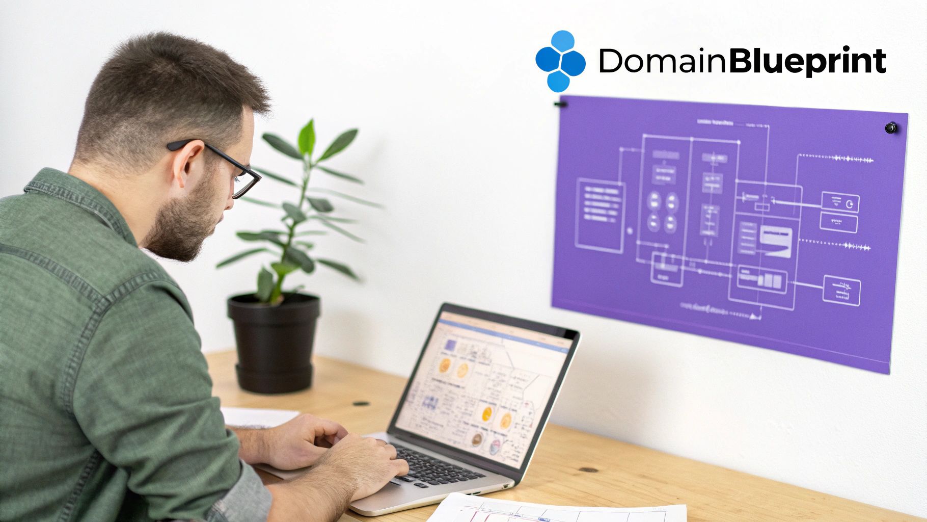 Web developer reviewing domain blueprint architecture and wireframes on dual monitor workspace setup