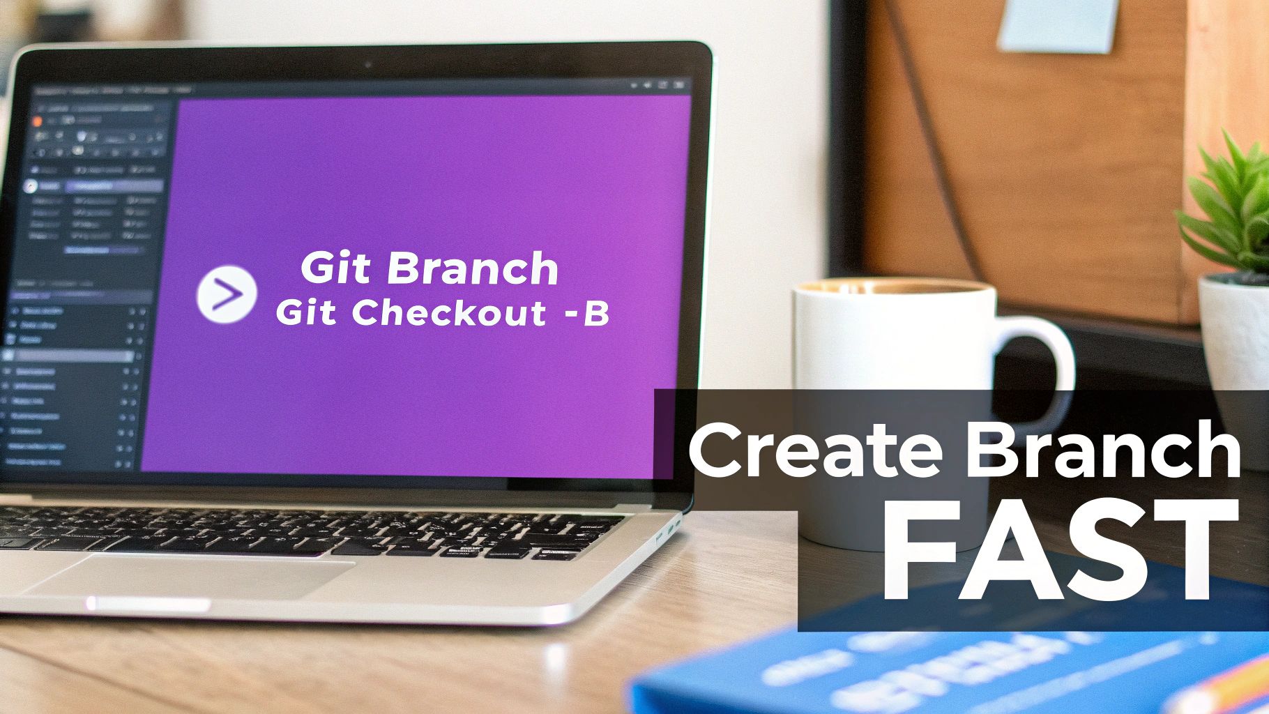 Laptop screen displaying Git branch and checkout commands with text create branch fast tutorial