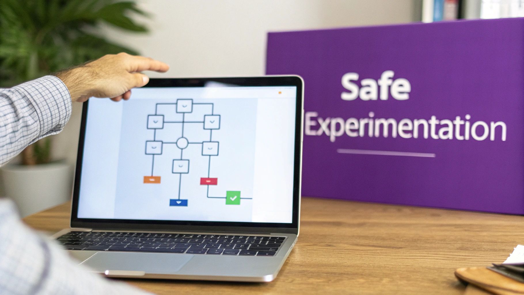 Laptop displaying workflow diagram with safe experimentation banner for GitHub branching tutorial
