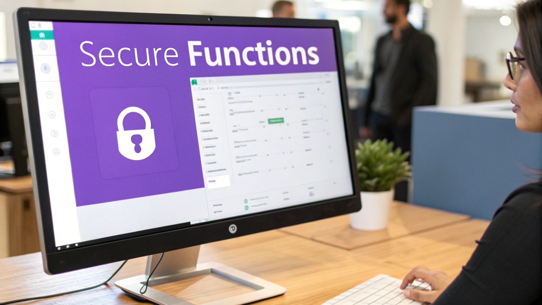Computer monitor displaying secure functions presentation with padlock icon in modern office workspace