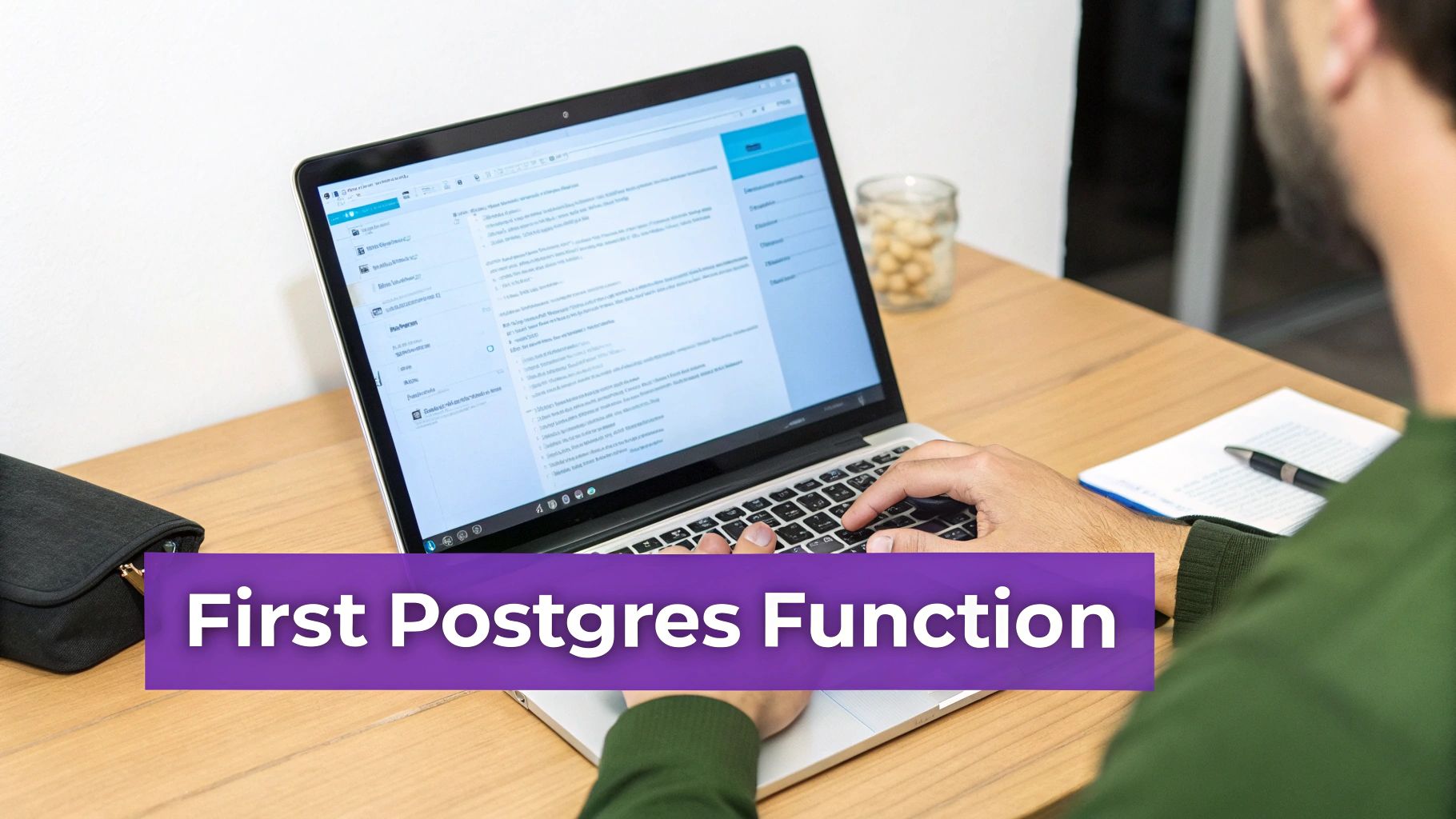 Person typing on laptop computer learning to create their first PostgreSQL function at desk