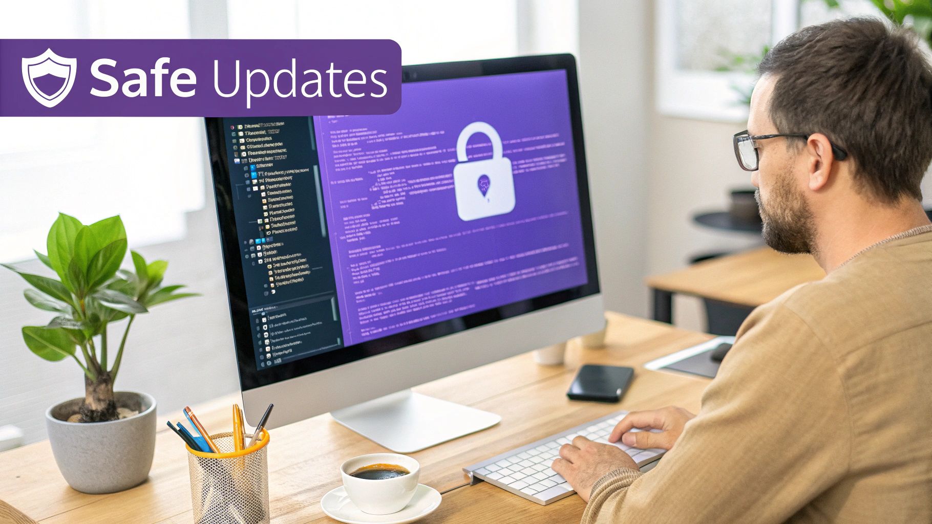 Professional developer viewing security lock icon on purple screen implementing safe software updates
