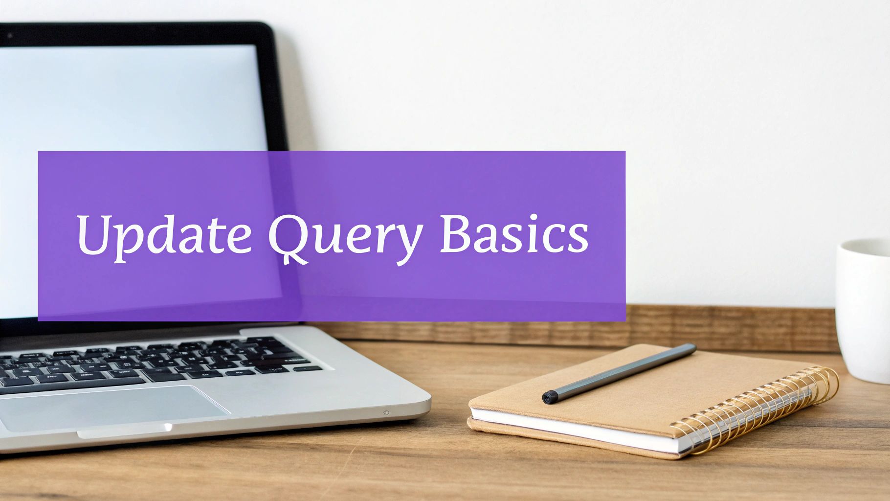 Update Query Basics title displayed on purple banner with laptop and notebook on desk