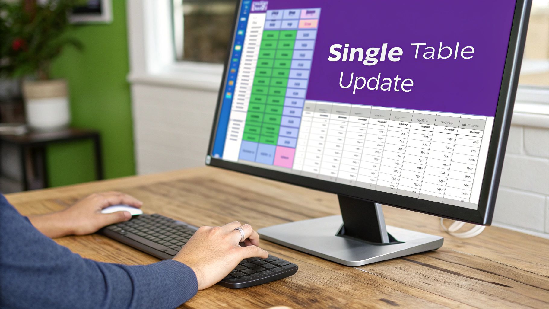 Person using computer monitor displaying single table update feature in database management software
