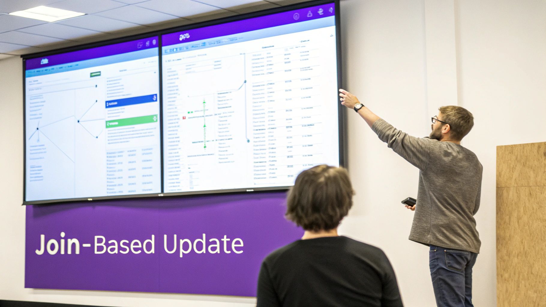 Presenter explaining join-based database update process on large screen during technical presentation