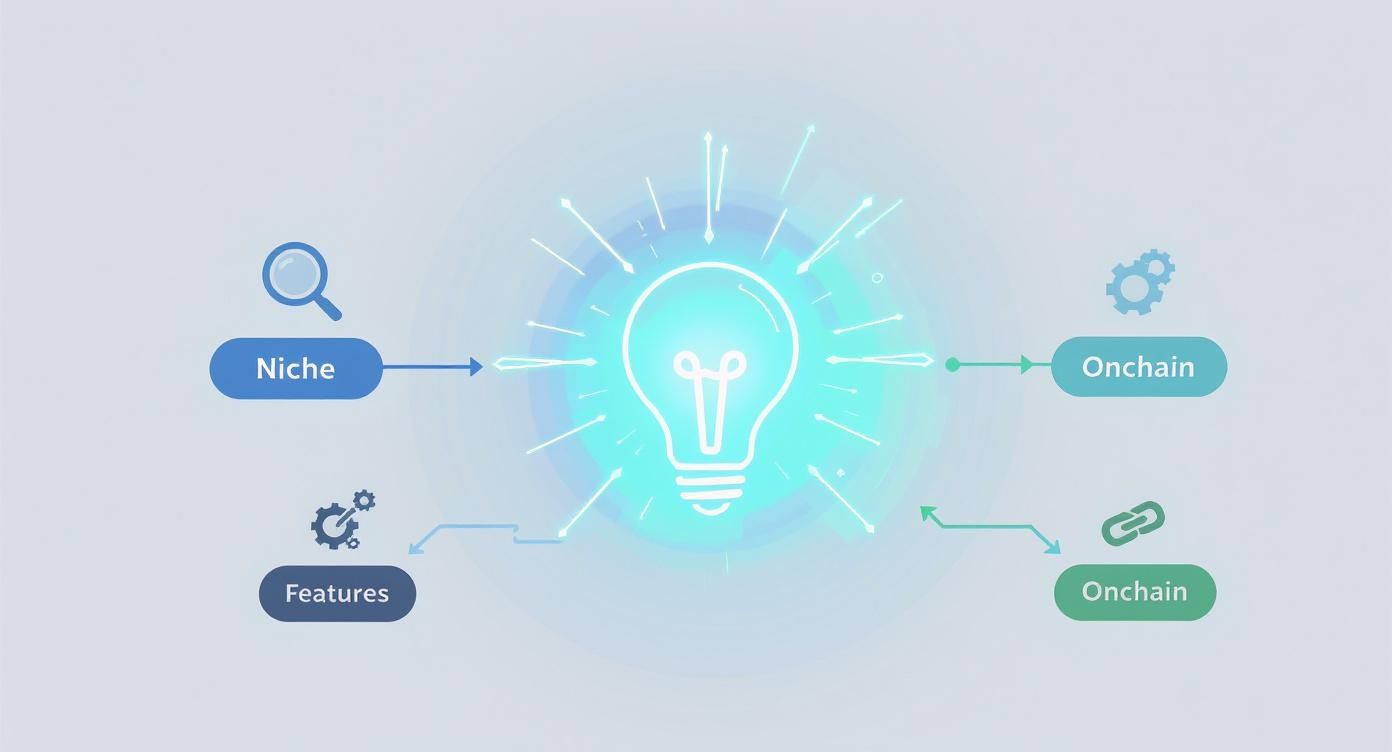 Diagram showing 'Niche' and 'Features' input leading to a central idea (light bulb) that generates 'Onchain' outputs.