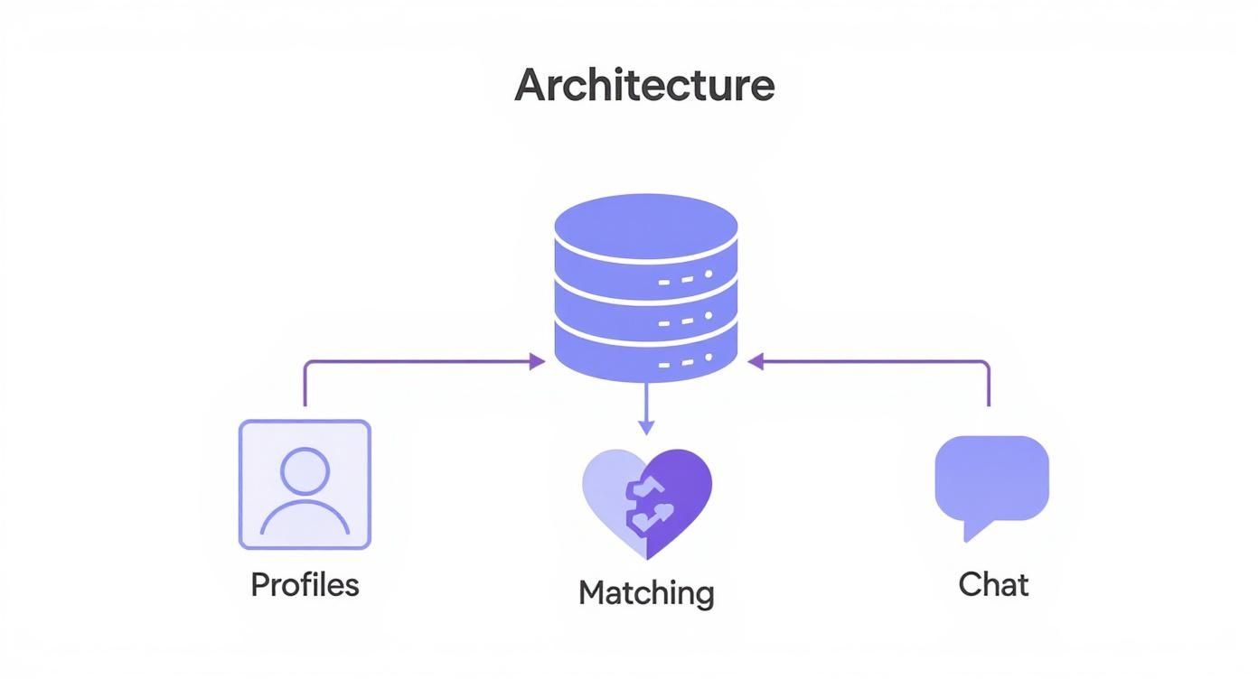 An architecture diagram showing a central database connected to Profiles, Matching, and Chat modules.