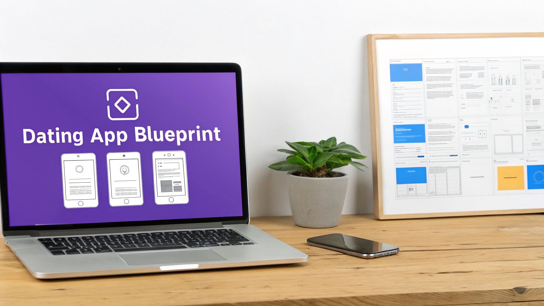 A laptop screen displays 'Dating App Blueprint' with mobile wireframes on a wooden desk.