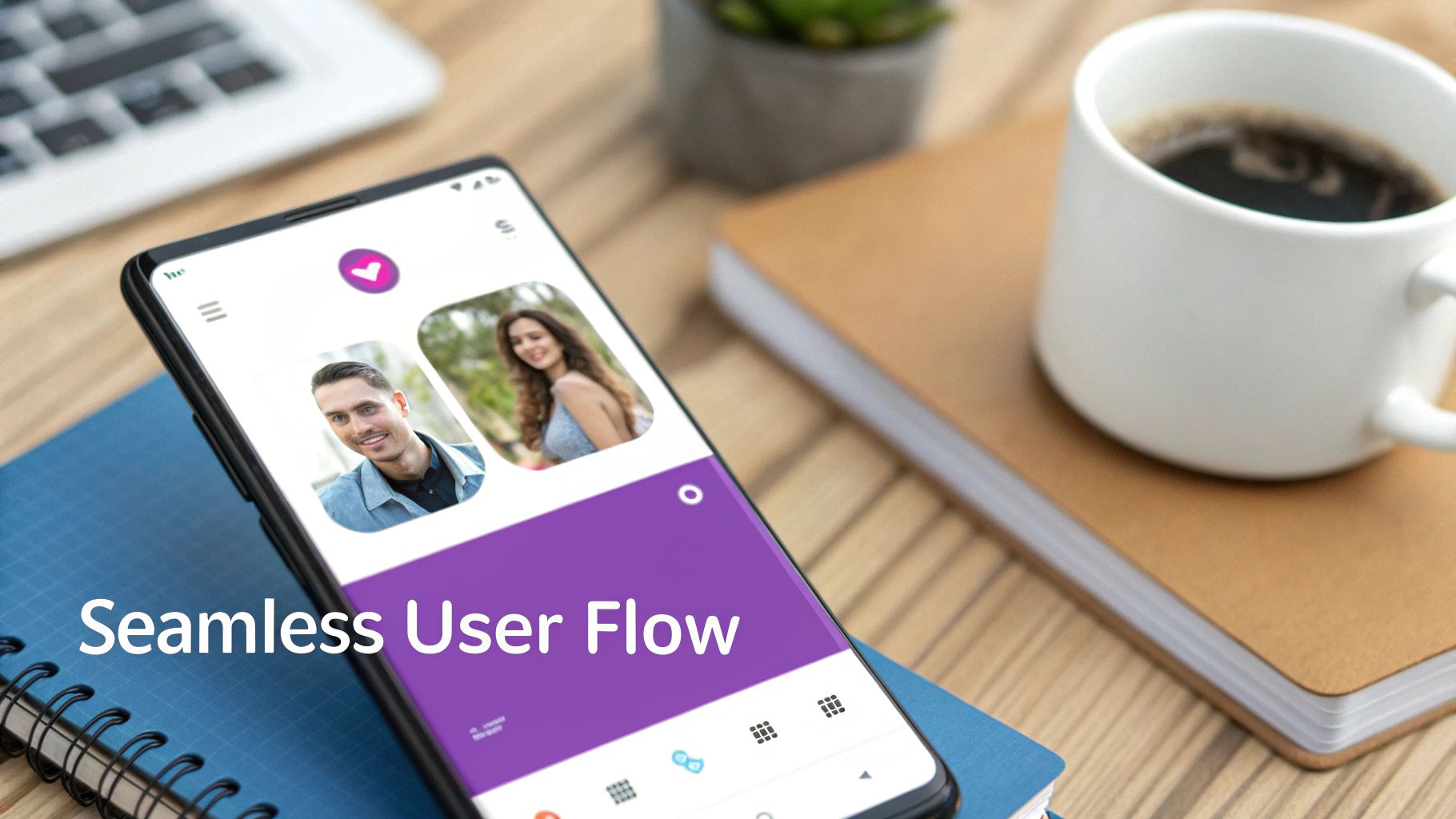A smartphone displays a dating app with profiles, resting on a wooden desk with notebooks and coffee.