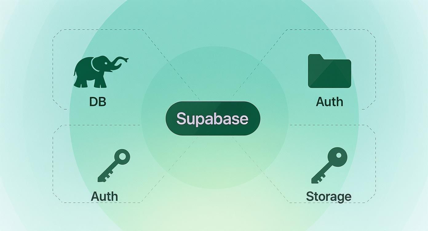 Diagram illustrating Supabase's core backend services: Database, Authentication, and Storage components.