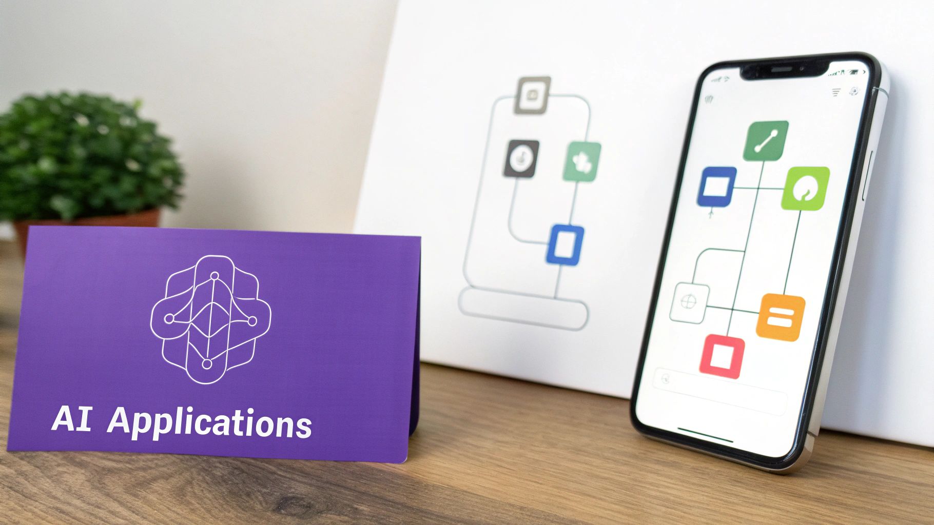 A purple sign displaying 'AI Applications' next to a smartphone showing interconnected app icons, symbolizing artificial intelligence solutions.