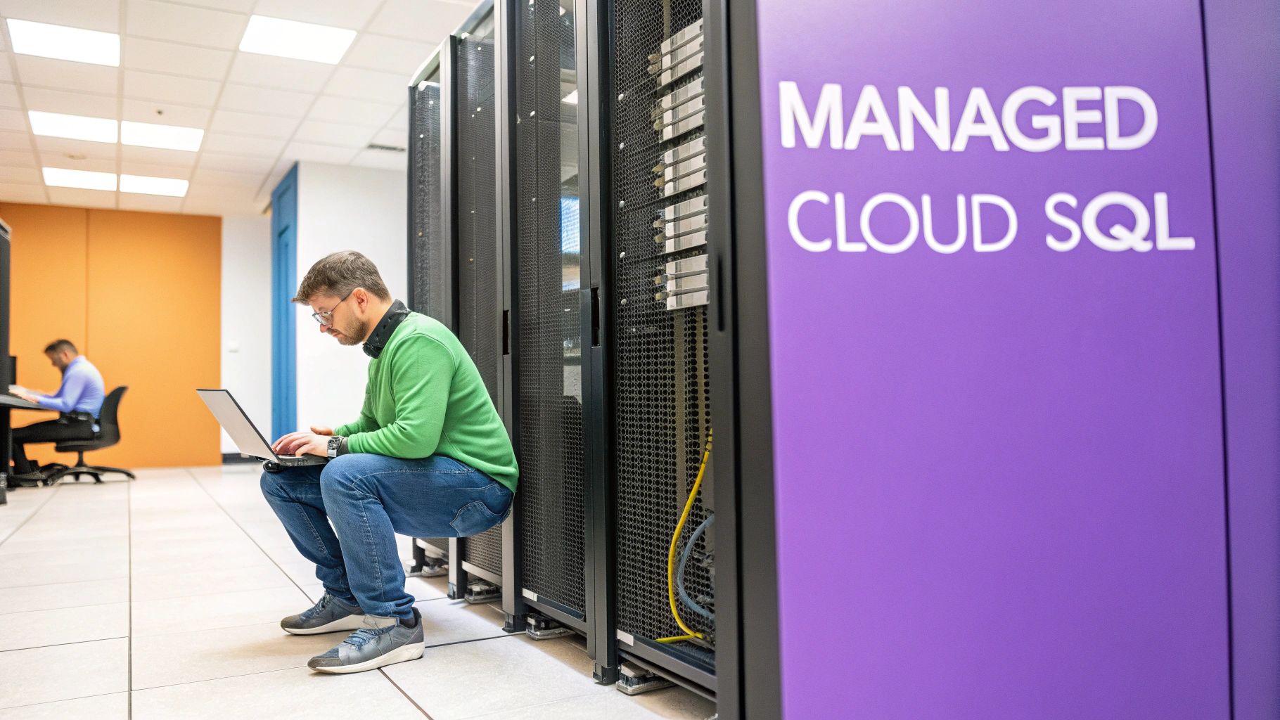A man works on a laptop in a data center with server racks and a "MANAGED CLOUD SQL" sign.