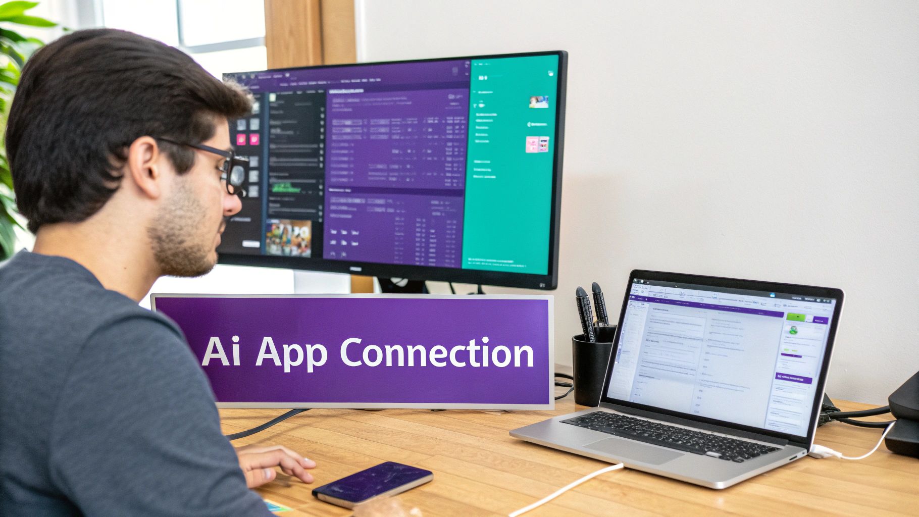 A man in glasses works at a desk with multiple screens and a laptop, featuring an 'AI App Connection' sign.