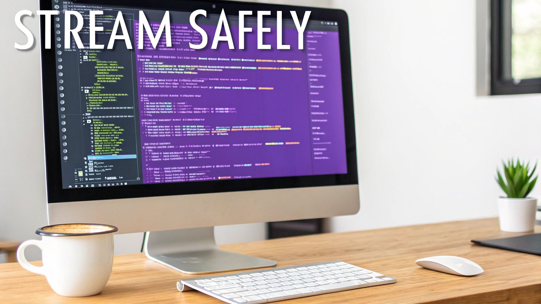 A modern computer workspace with code on screen, keyboard, mouse, coffee, and 'STREAM SAFELY' text.