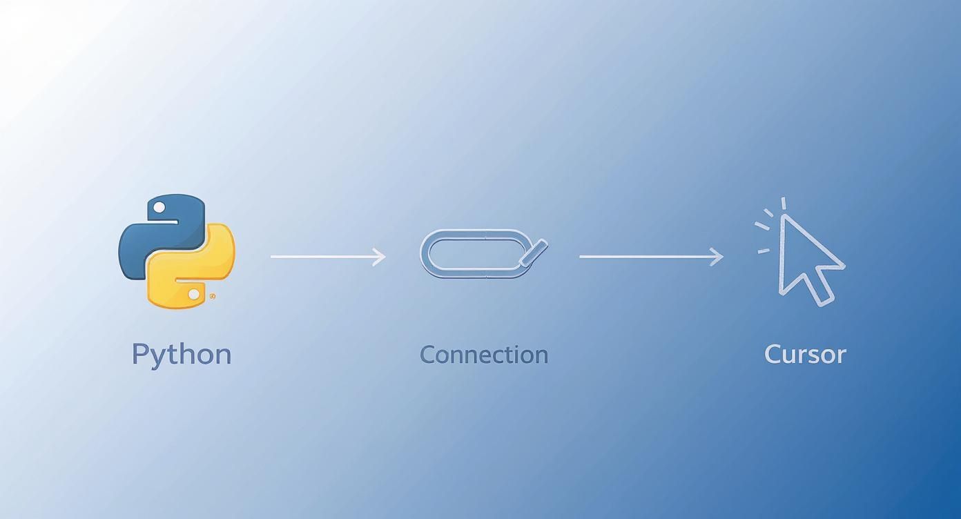 Diagram showing Python connecting to and controlling a cursor for automation, illustrating the process flow.