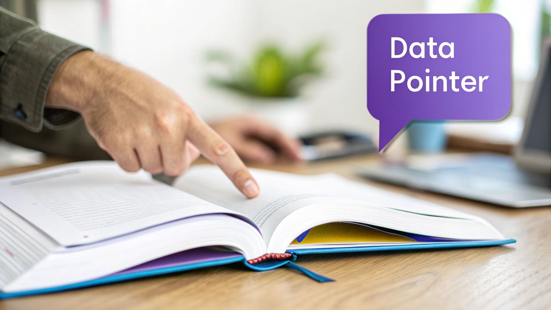 A person's hand points at an open book on a wooden desk, with a 'Data Pointer' speech bubble.