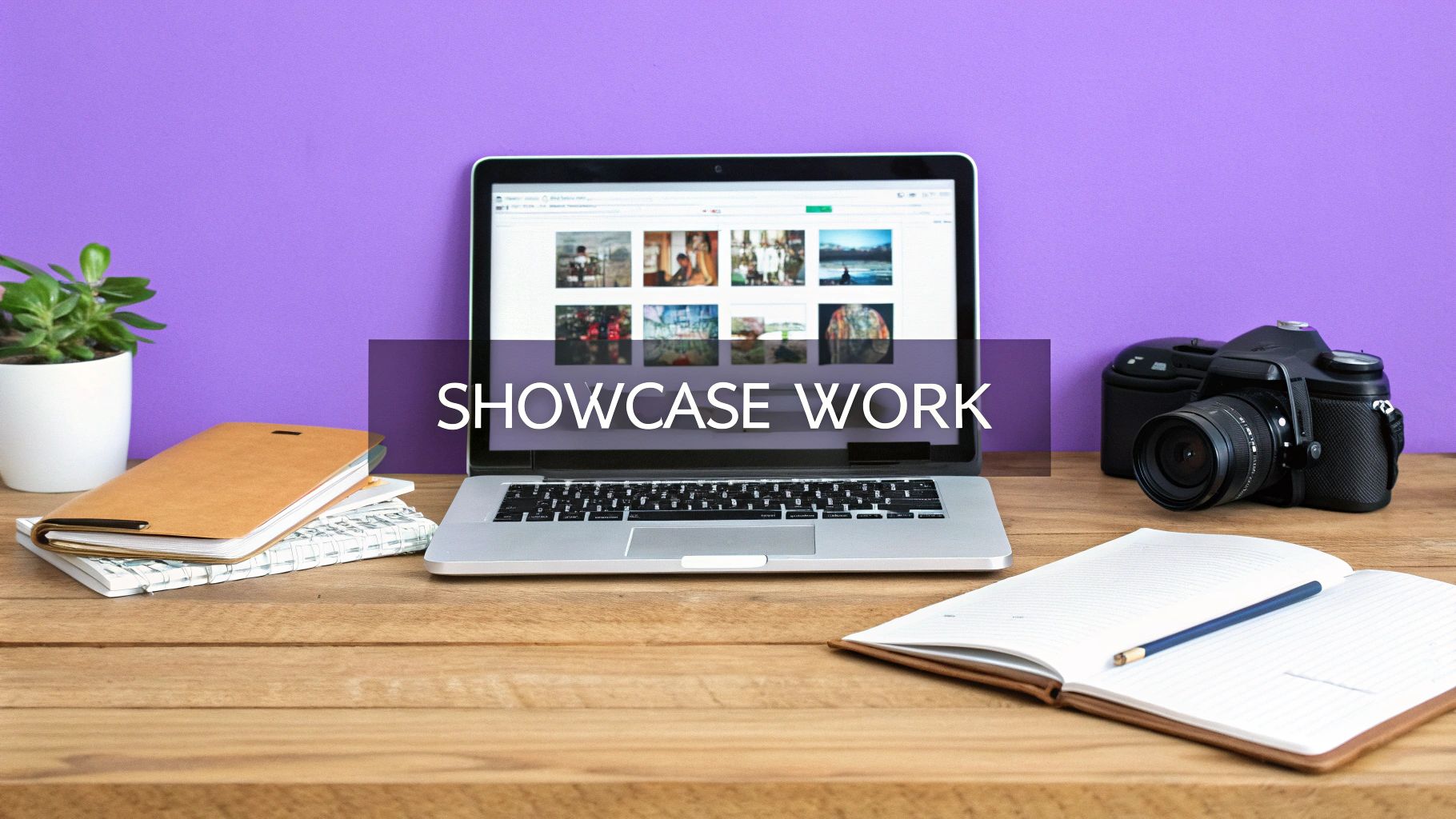 A laptop showing a digital photo portfolio, camera, and notebooks on a desk, ideal for showcasing work.