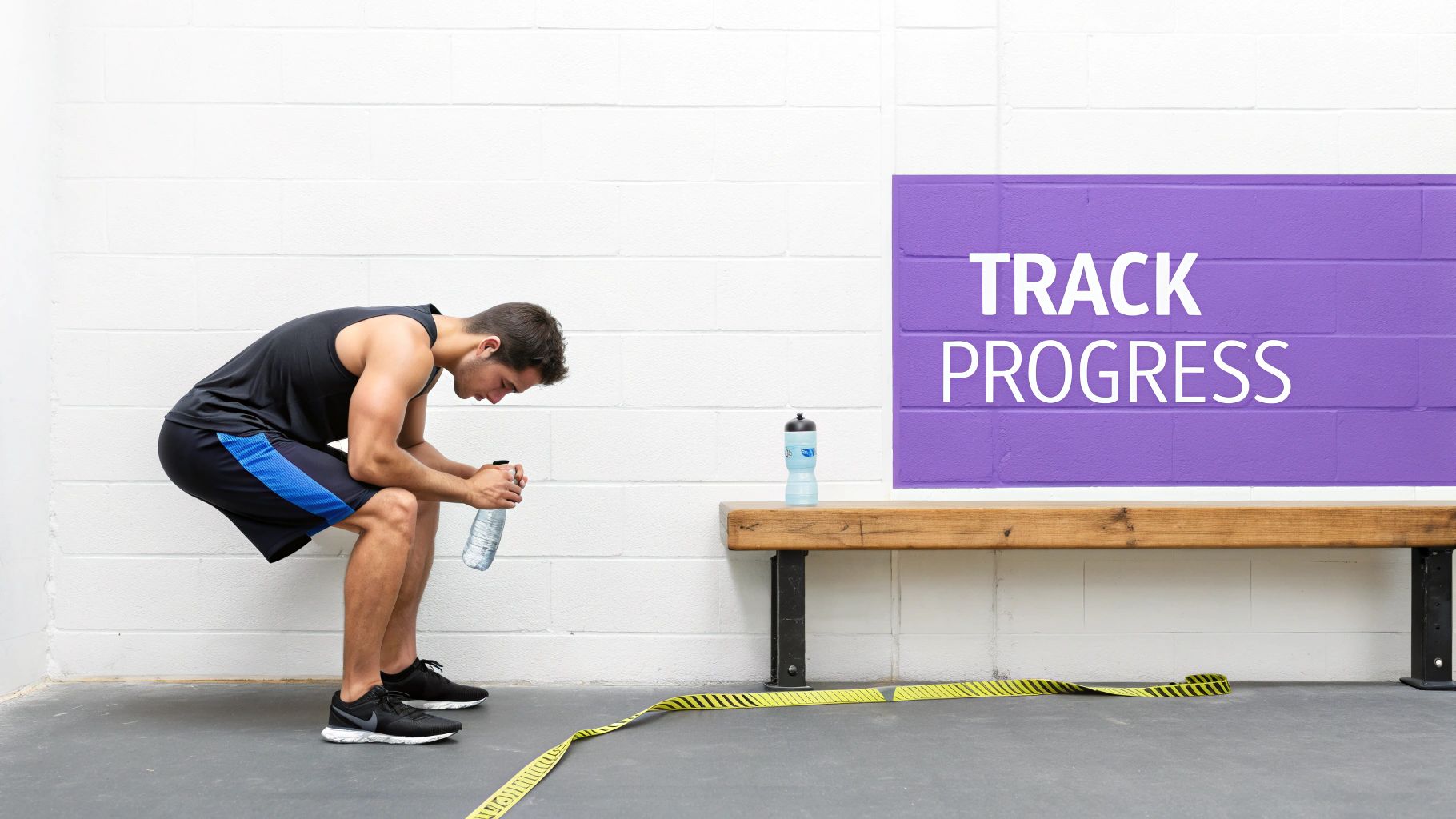 A man in athletic wear rests, holding a water bottle, next to a 'TRACK PROGRESS' sign on a wall.