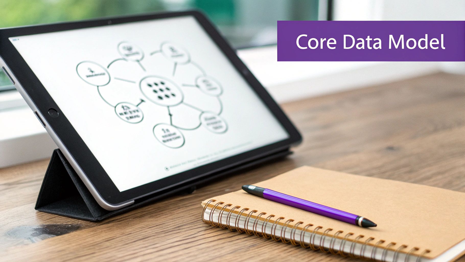 A tablet displaying a 'Core Data Model' diagram, alongside a notebook and purple pen on a wooden desk.
