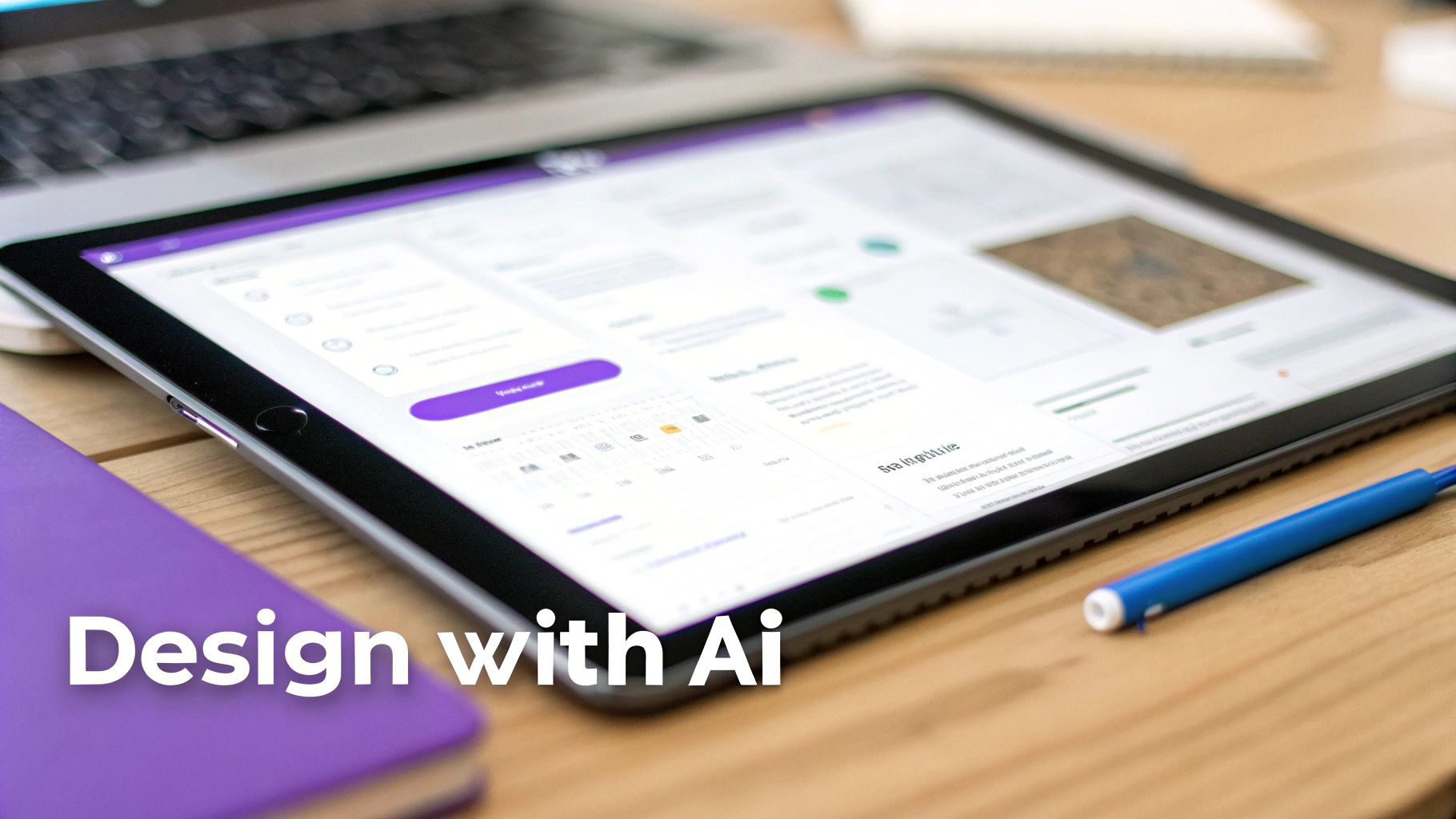 Tablet showcasing a mobile app interface designed with AI, on a wooden desk next to a laptop.