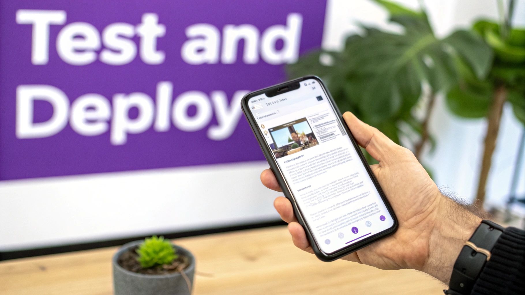 A hand holds a smartphone displaying an app, with a 'Test and Deploy' sign in the background.