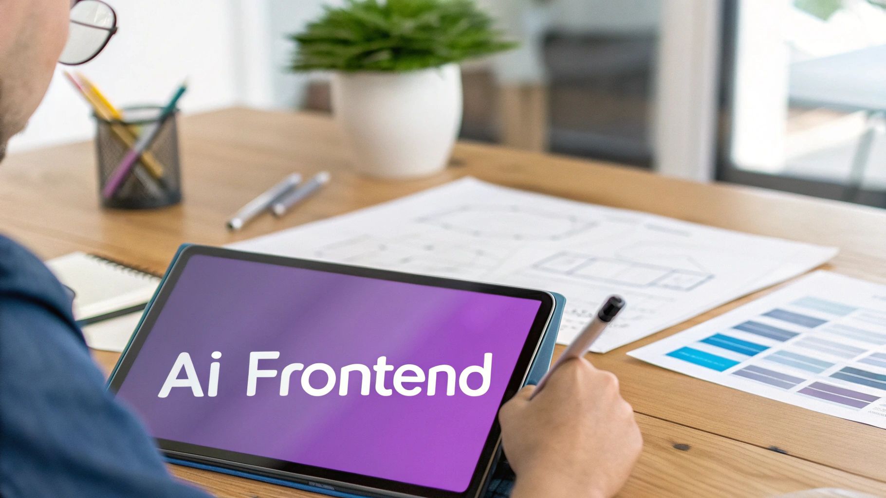A person viewing a tablet screen displaying 'Ai Frontend' while working at a desk with design tools.