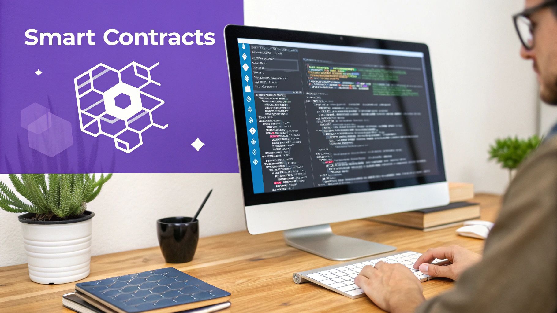 A developer codes smart contracts on a desktop computer, with blockchain graphics and plants.