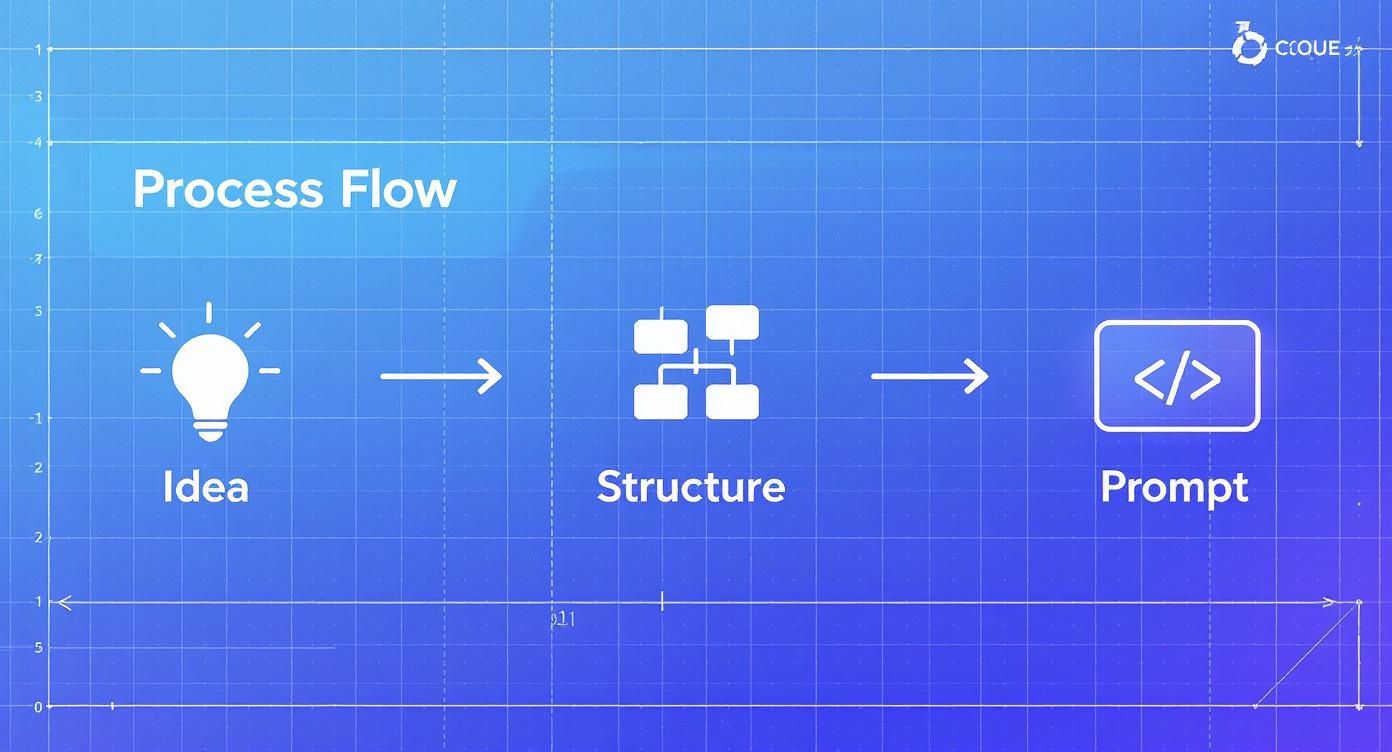 A blue blueprint-style diagram illustrating a process flow from Idea (lightbulb) to Structure to Prompt (code icon).
