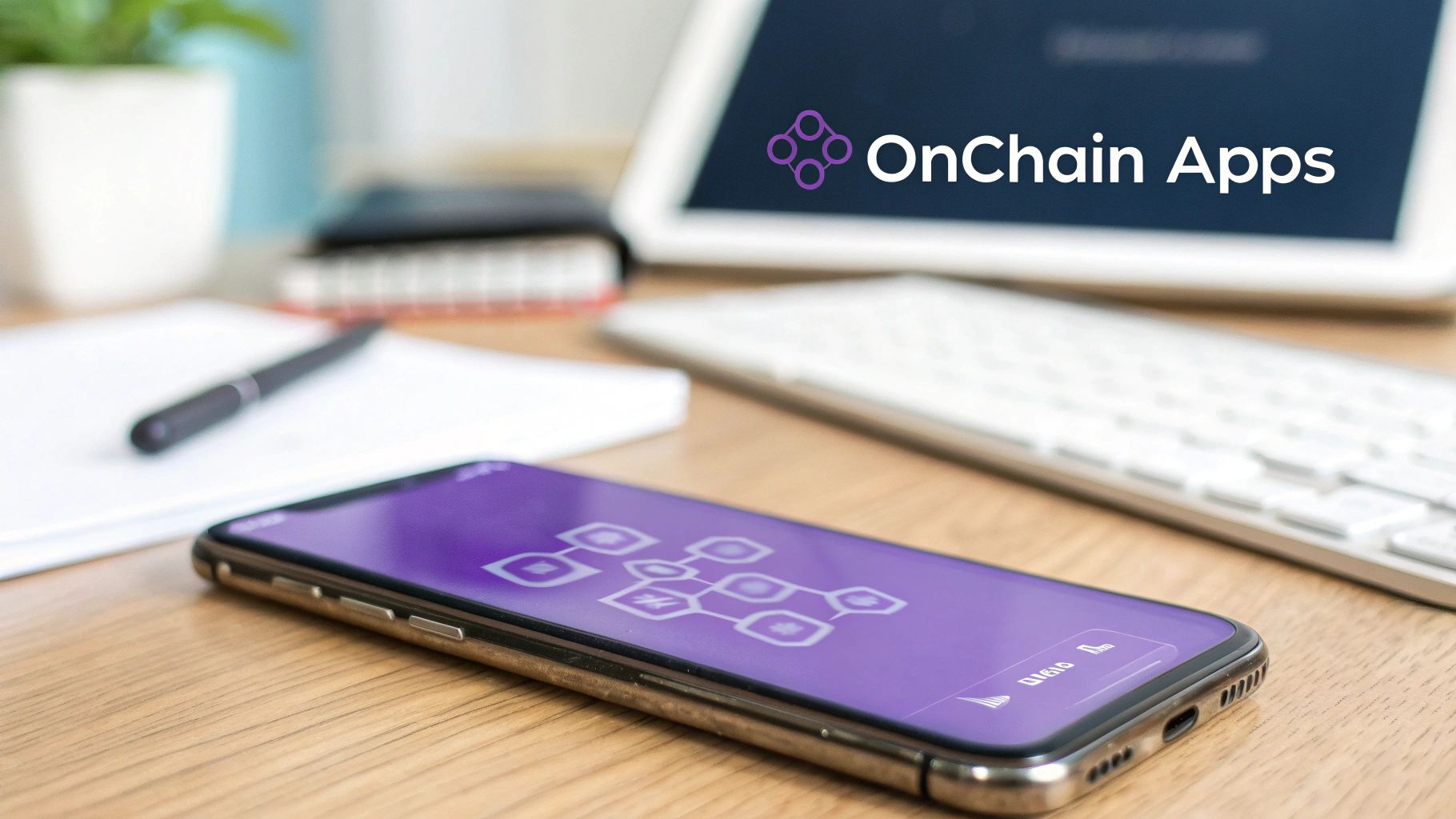 A smartphone displaying a purple app interface and a laptop showing 'OnChain Apps' on a wooden desk.