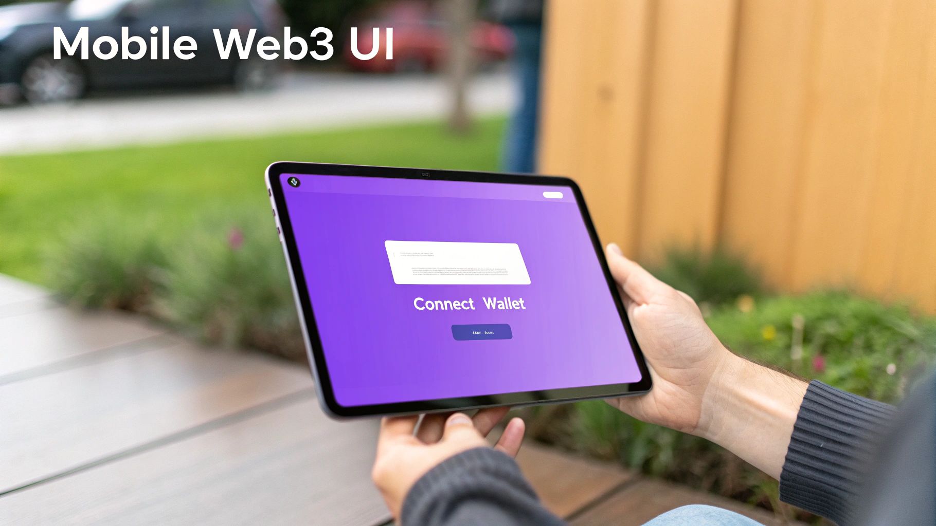 A person holds a tablet displaying a 'Connect Wallet' screen for a mobile Web3 UI outdoors.