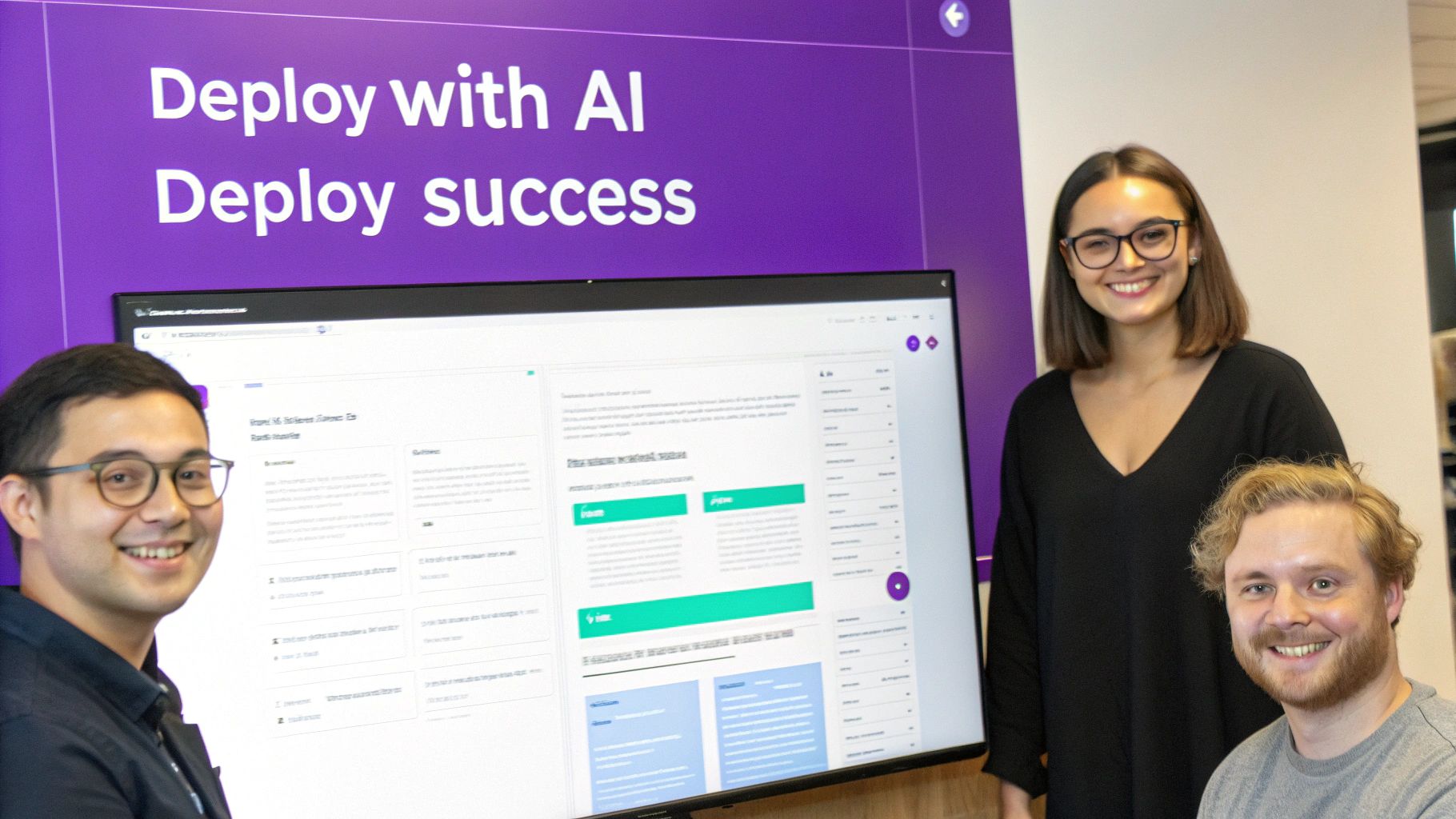 Three smiling colleagues in an office with a software interface on a monitor and a purple 'Deploy with AI' banner.