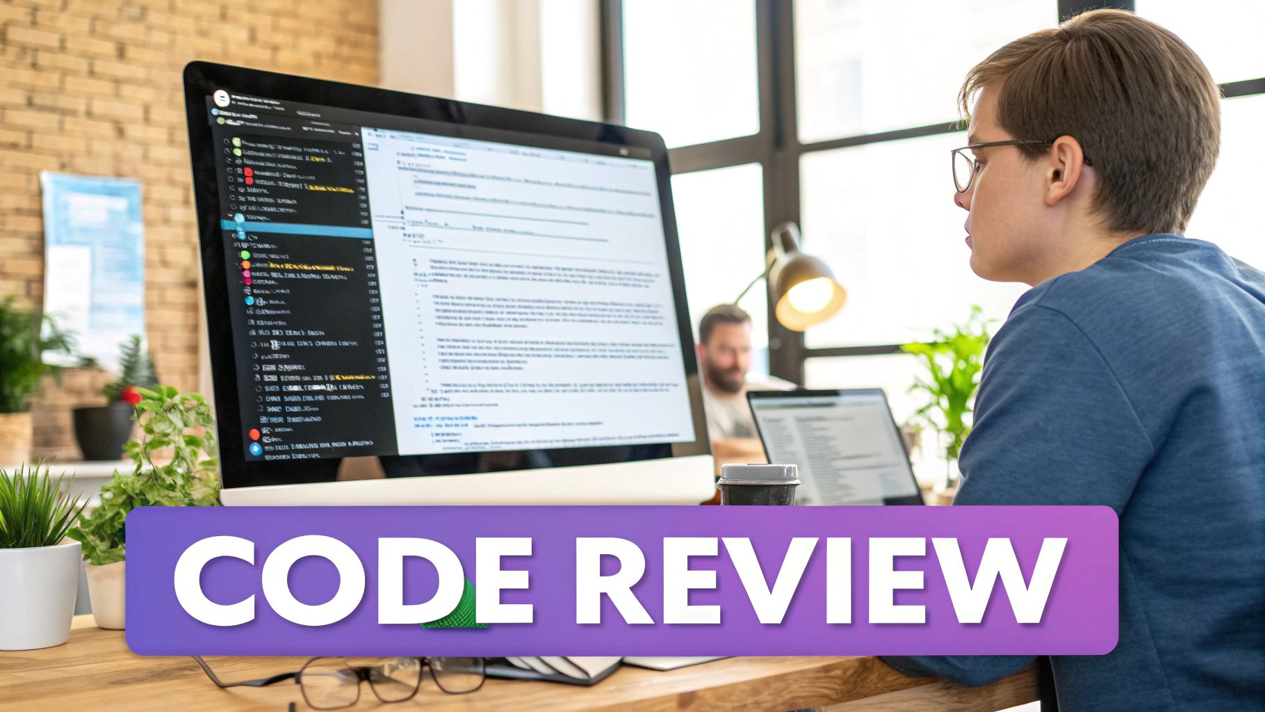 Young developer reviews code on a monitor while collaborating with a colleague in a modern office.