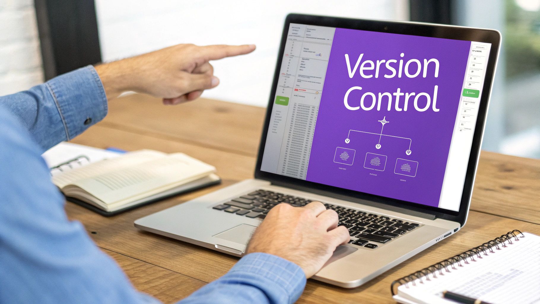 A person points at a laptop screen displaying 'Version Control' with a workflow diagram.