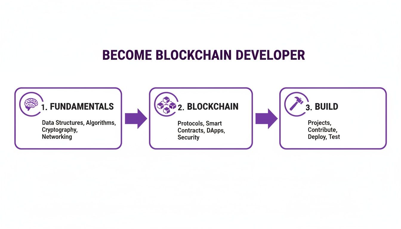 Flowchart illustrating the three-step journey to become a blockchain developer: Fundamentals, Blockchain, and Build.