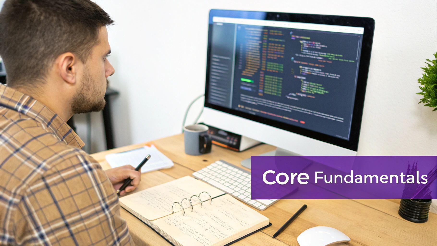 A man in a plaid shirt intently coding on a computer, taking notes in a notebook at his desk.