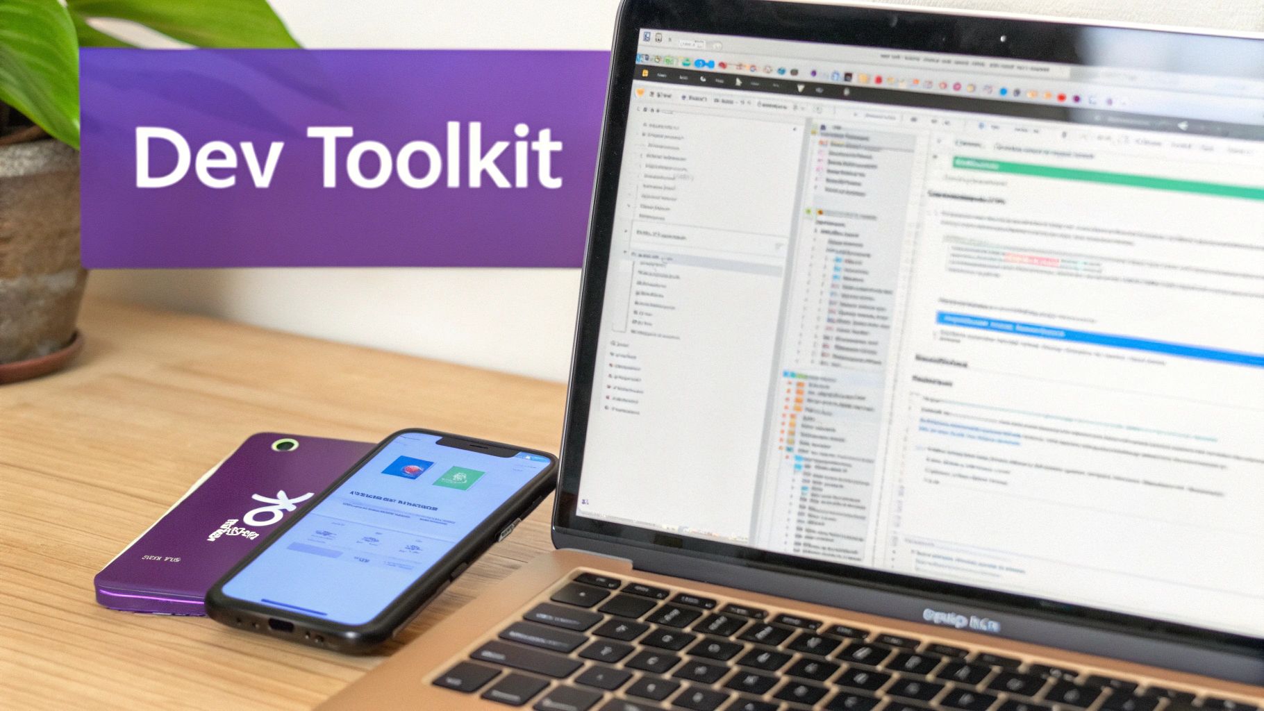 A vibrant workspace featuring a laptop, smartphone, and 'Dev Toolkit' sign on a wooden desk.