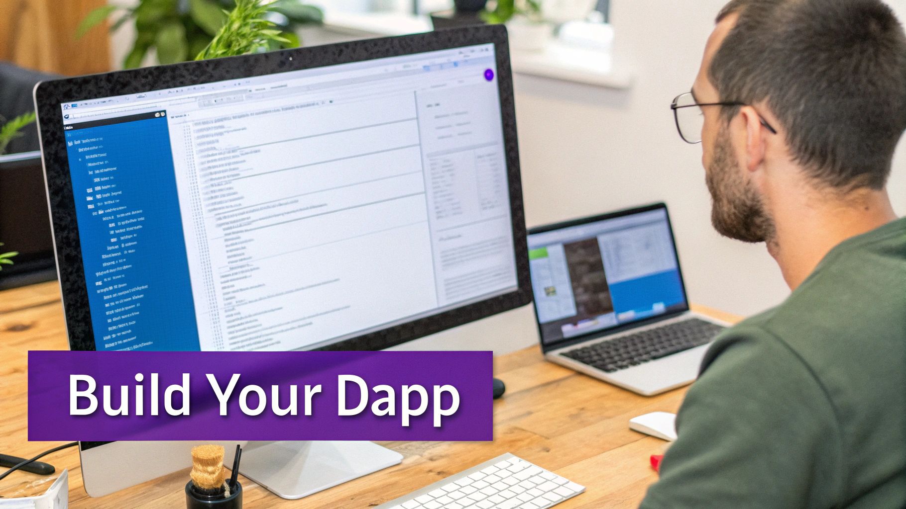 A person works on a computer, displaying code and development tools, with a 'Build Your Dapp' banner.