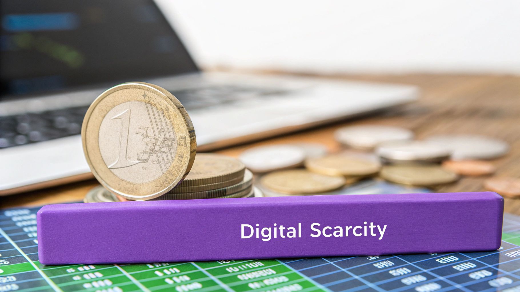 A Euro coin and a purple block with 'Digital Scarcity' text, laptop in background.