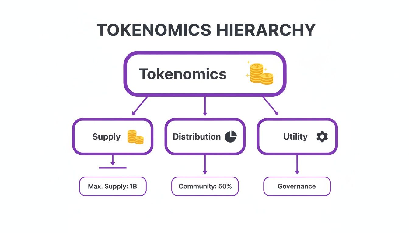 A hierarchical diagram illustrating tokenomics, showing its core components: supply, distribution, and utility.