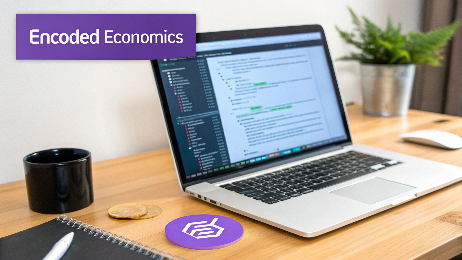 Laptop on a wooden desk with 'Encoded Economics' banner, code on screen, and a crypto coaster.