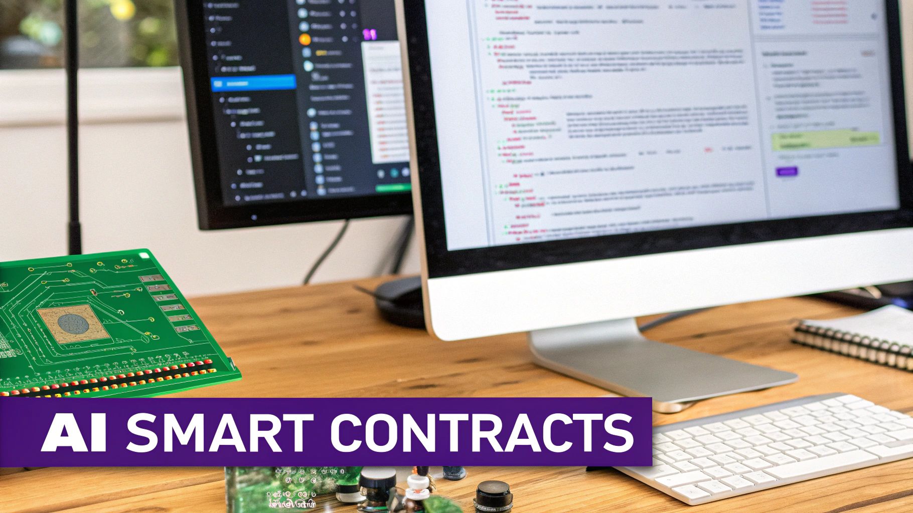 A desk with two computer monitors displaying code, a circuit board, a keyboard, and 'AI SMART CONTRACTS' text.