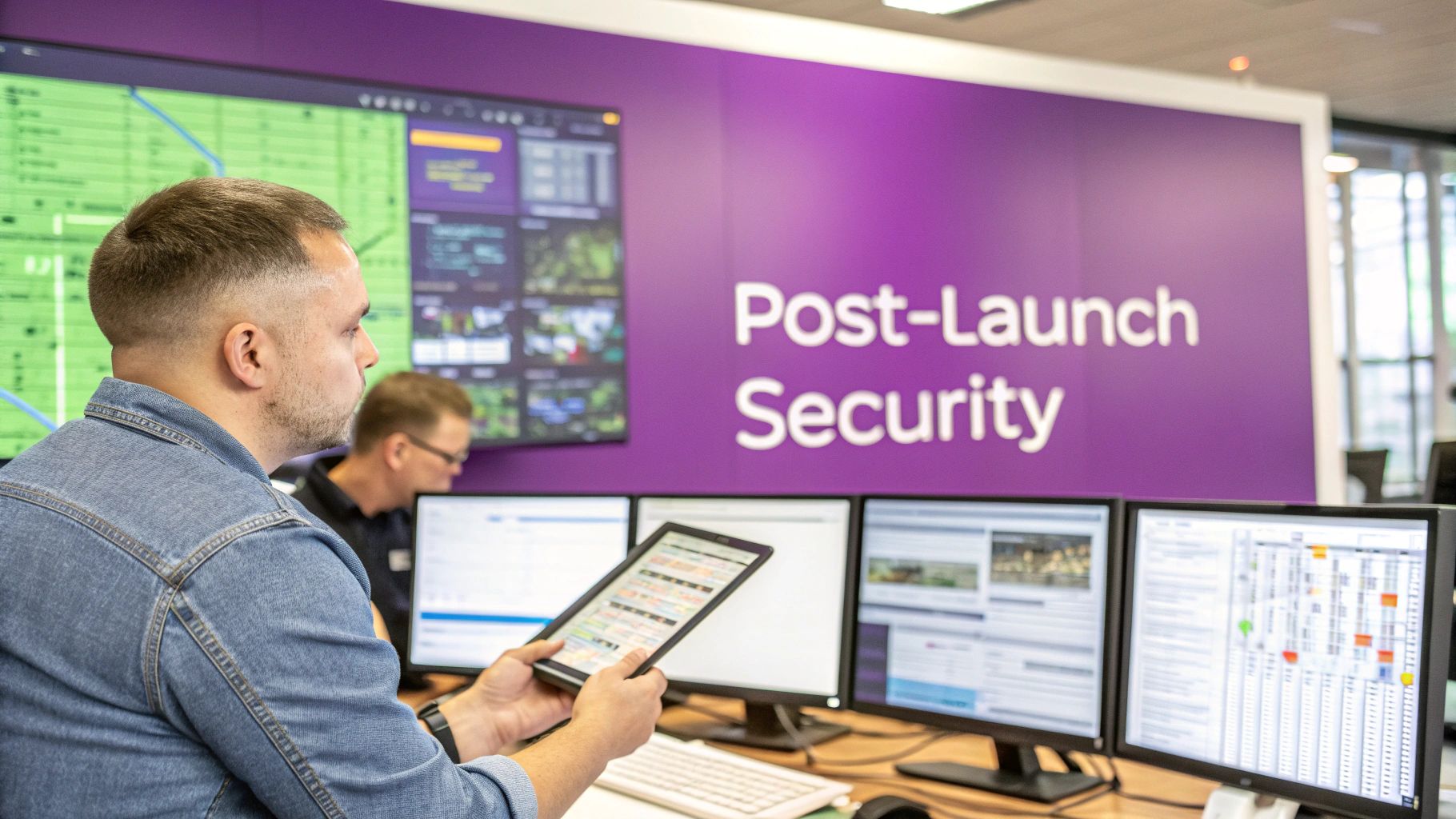 A man in a denim shirt holds a tablet in a tech control room with multiple screens and a large "Post-Launch Security" wall.
