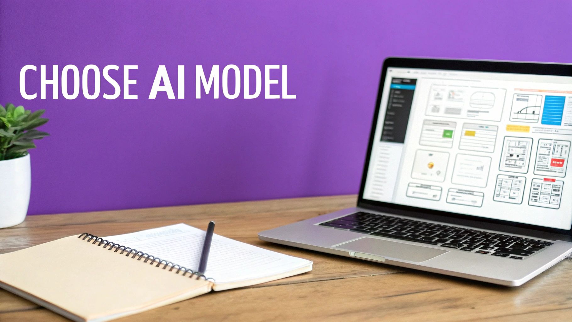A laptop displaying an AI model selection interface, with a notebook and plant nearby.
