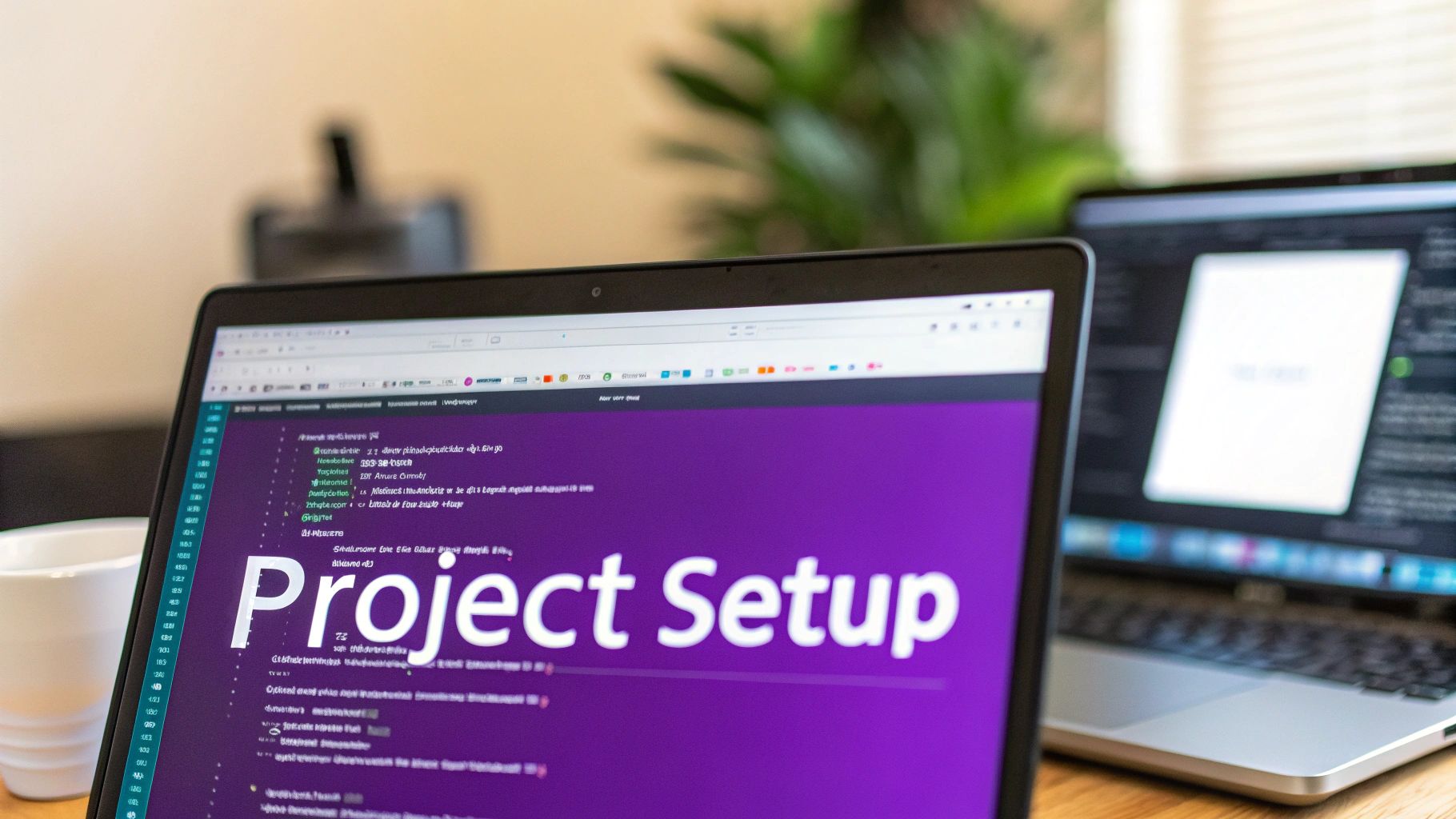 A laptop displaying 'Project Setup' on a vibrant purple screen, with another blurred laptop and a white mug nearby.